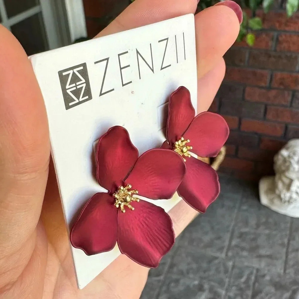 Anthropologie Red Burgundy Marigold Zenzii Flower Earrings NWT - Picture 4 of 6